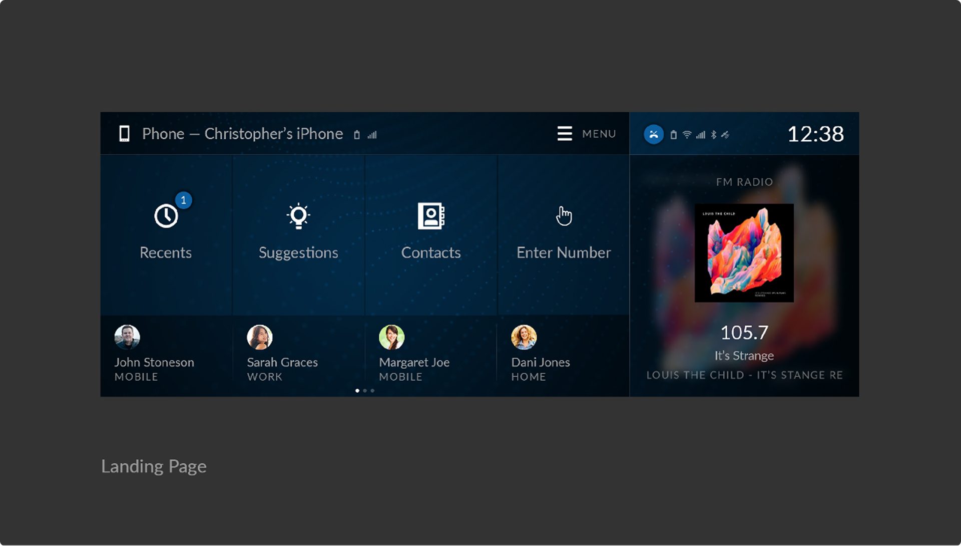 True-Touch phone landing screen with recents, suggestions, contacts and the FM radio now-playing panel