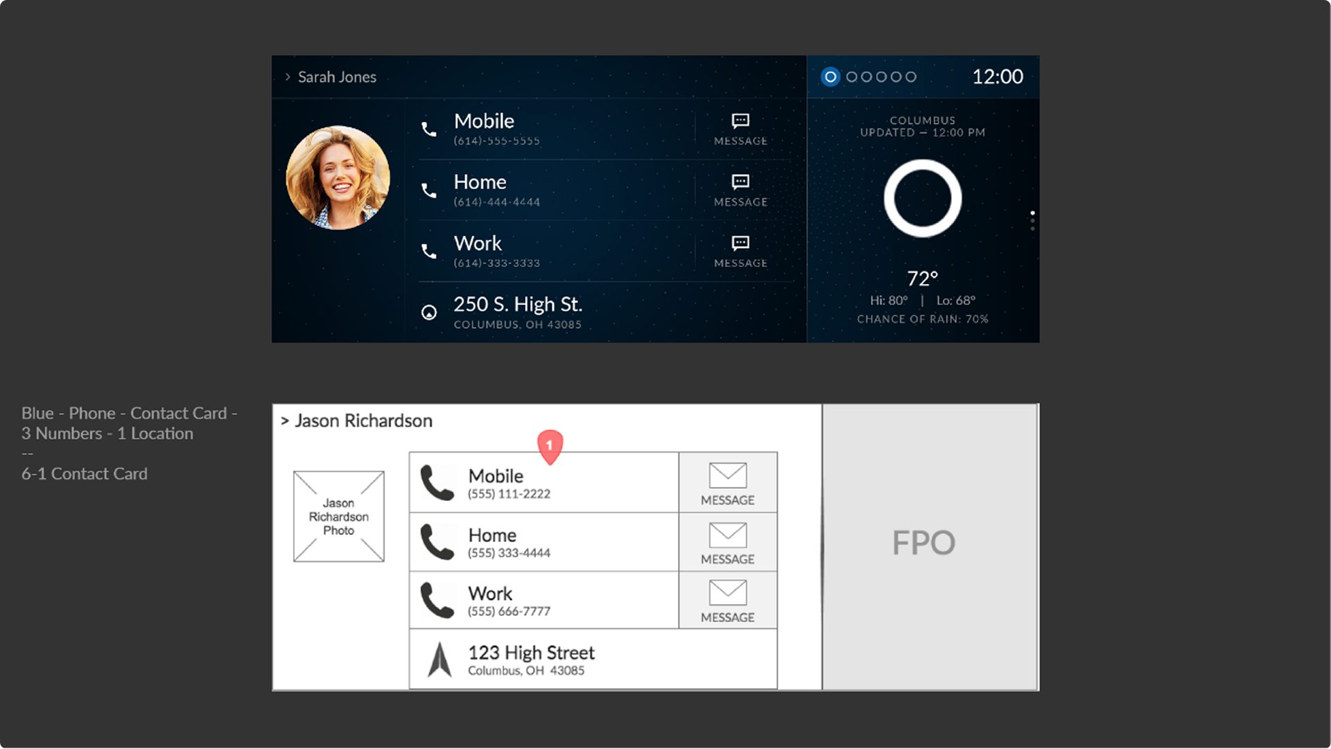 True-Touch contact detail screen for Sarah Jones with the weather panel