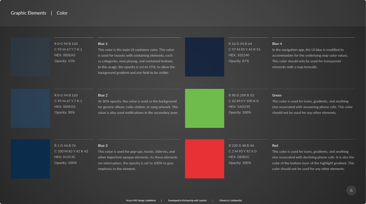 Color palette specification with usage rationale