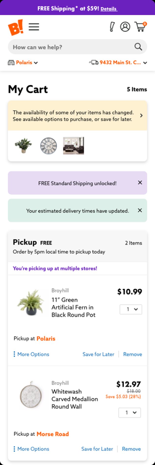 Final cart with availability change messaging