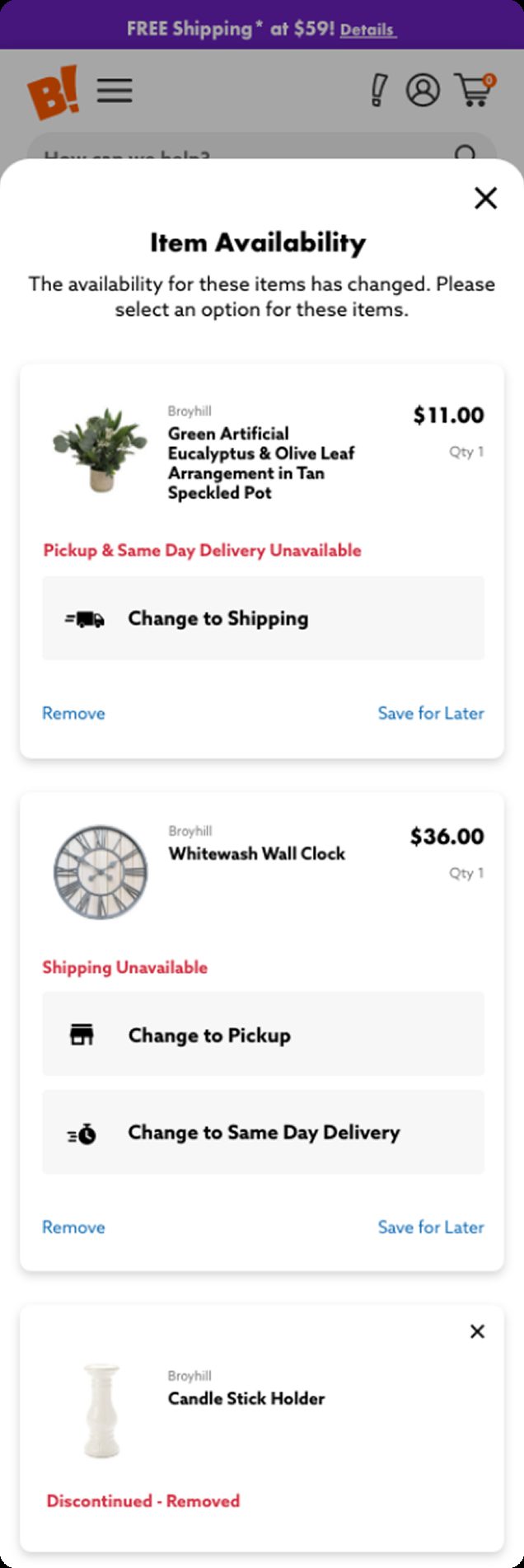 Final item availability modal with fulfillment options