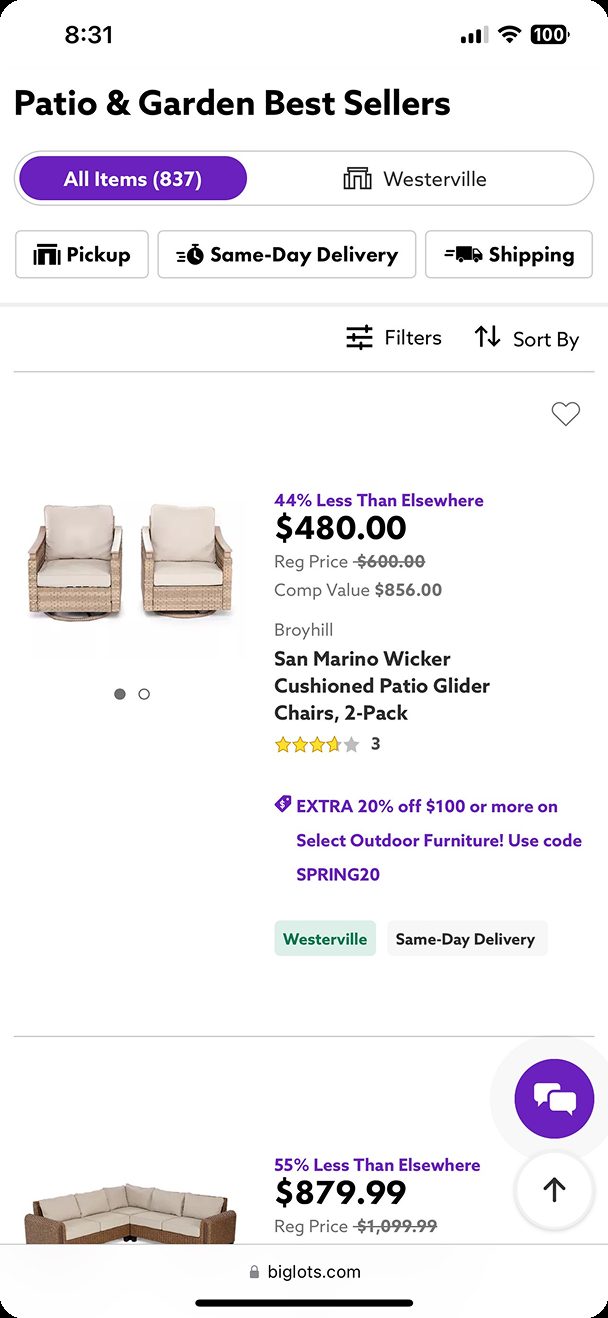 Big Lots category page showing patio furniture listings