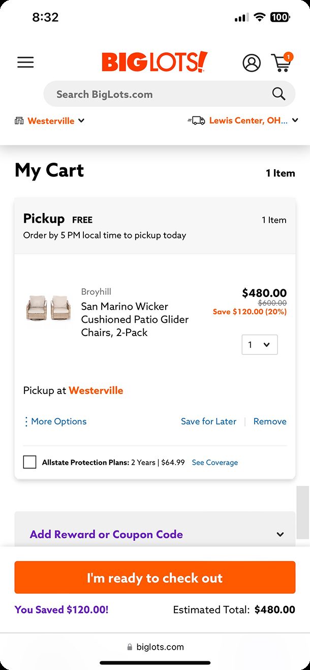 Big Lots cart page with pickup item