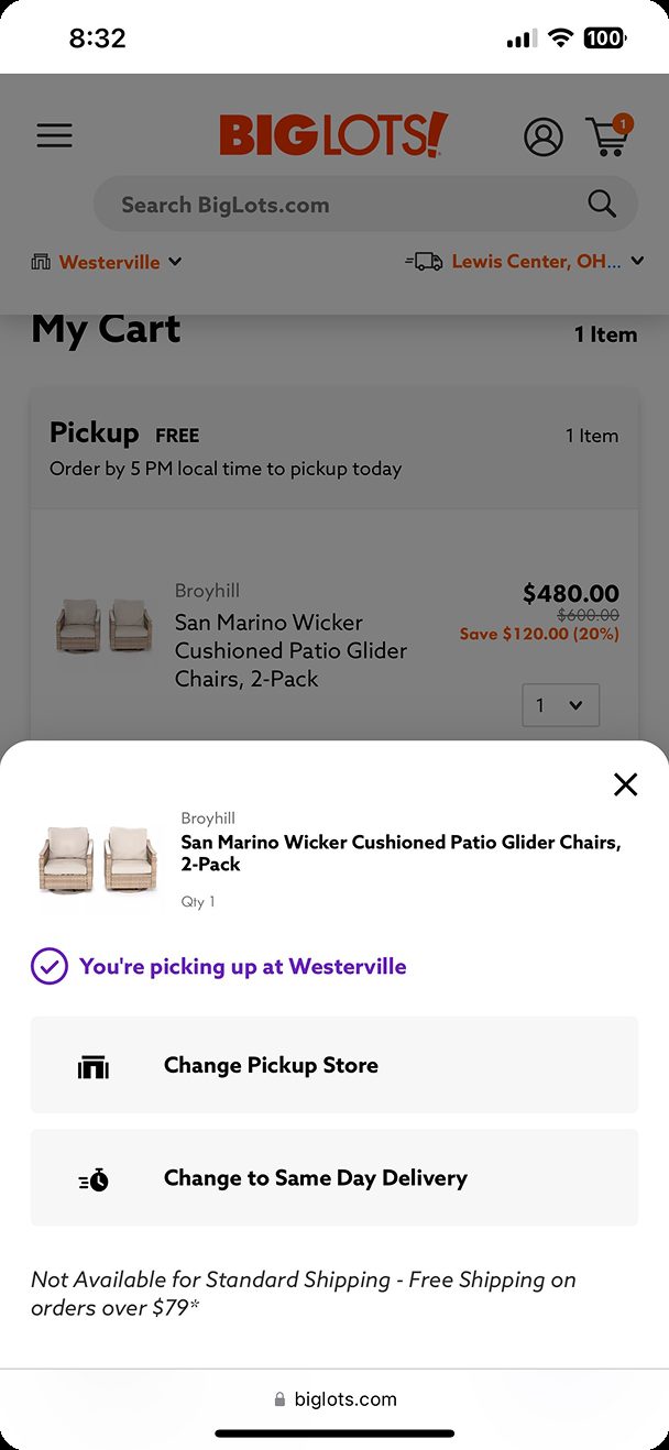 Big Lots pickup confirmation modal