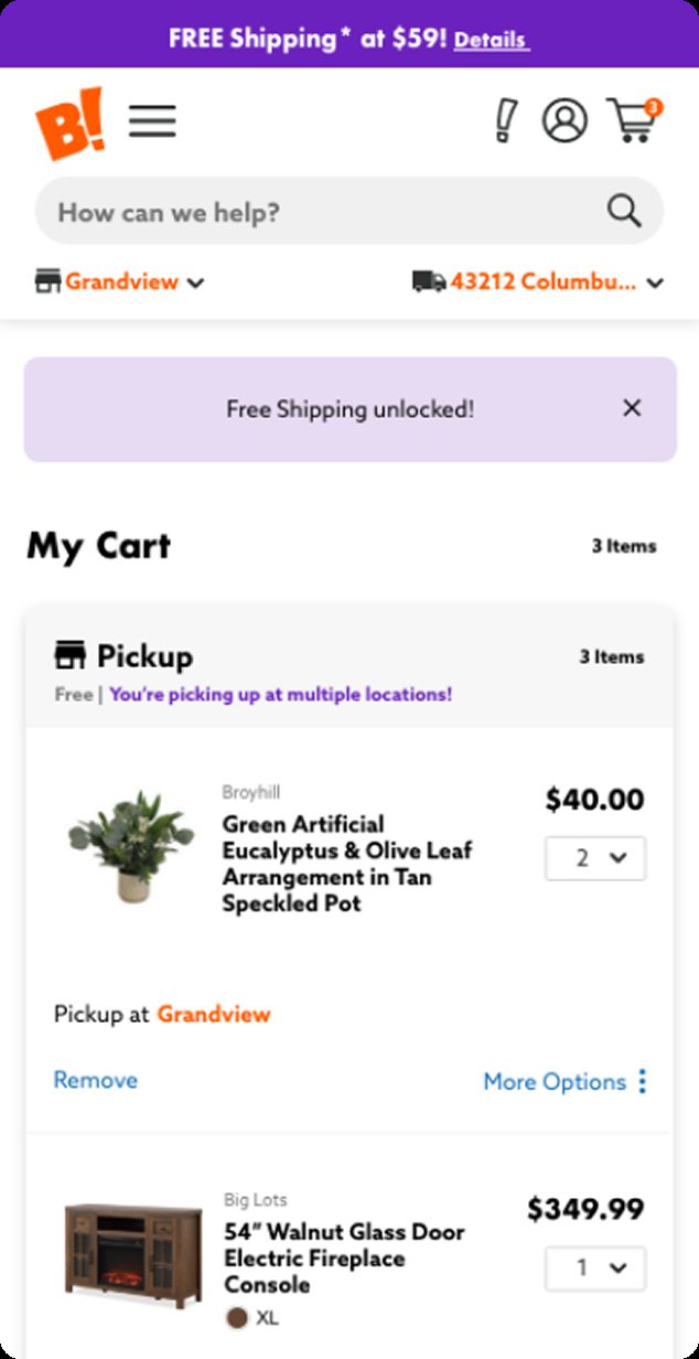 Hi-fidelity cart grouped by pickup location