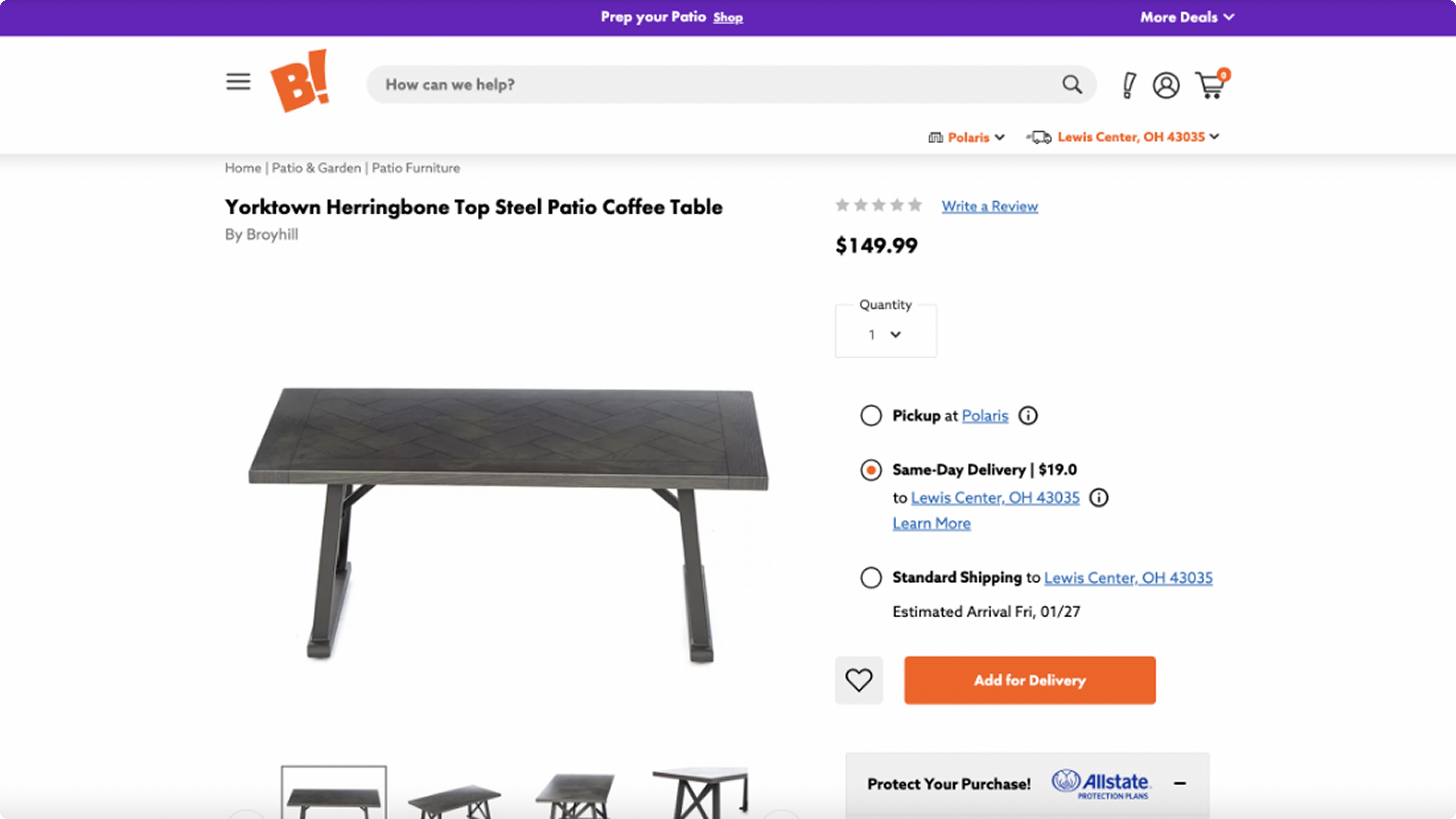 Big Lots product detail page showing same-day delivery option