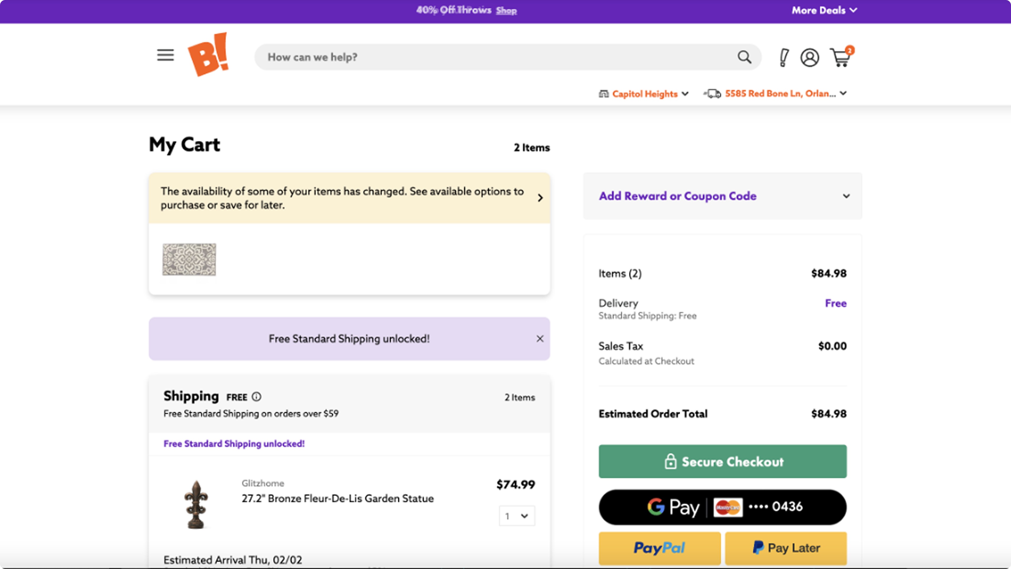 Big Lots cart page with an availability change alert
