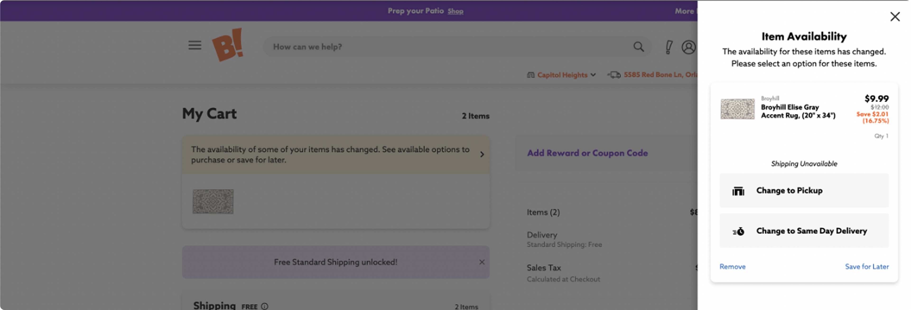 Big Lots item availability modal offering pickup or same-day delivery