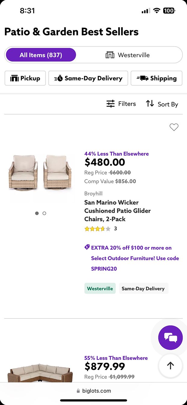 Big Lots category page showing patio glider chairs