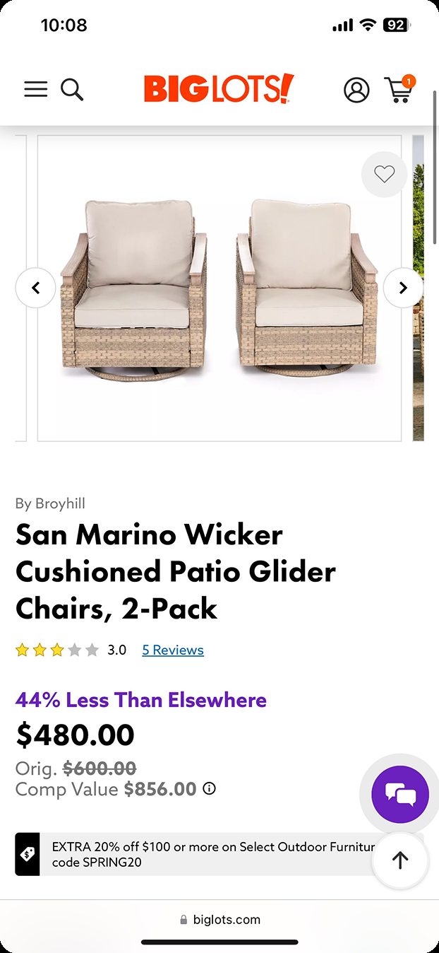 Big Lots product detail page for patio glider chairs