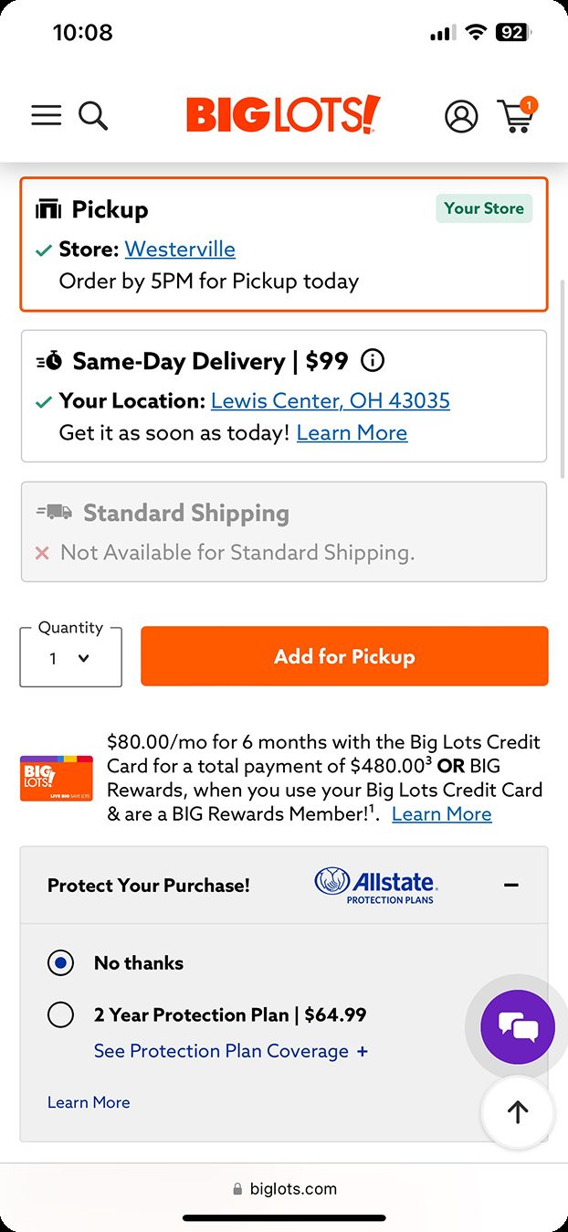 Big Lots fulfillment selection with pickup selected