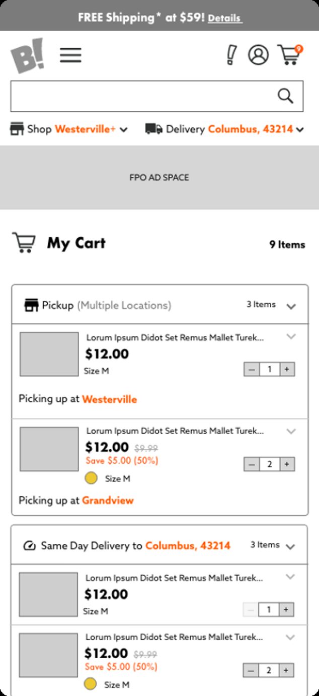Wireframe of cart with multiple fulfillment types