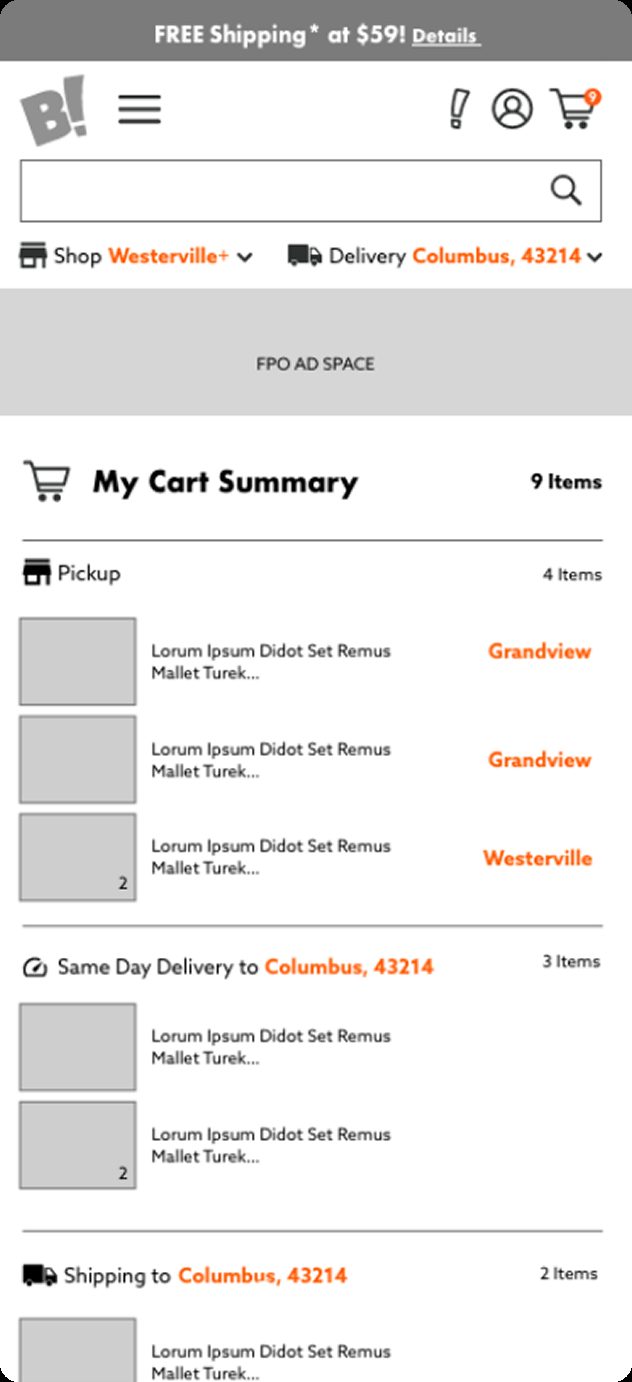 Wireframe of cart summary grouped by fulfillment