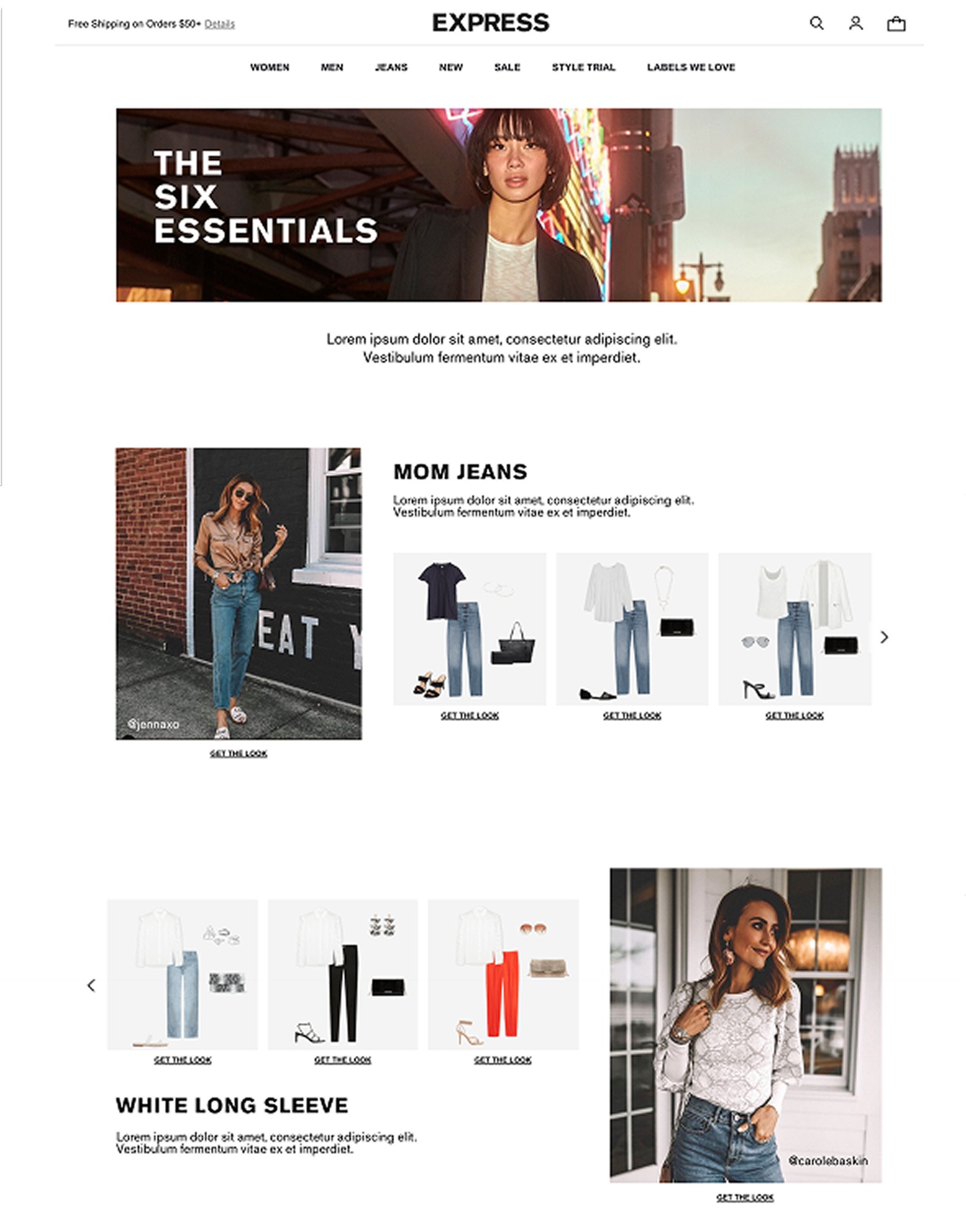 Express styling page concept showing outfit grid and get the look modules
