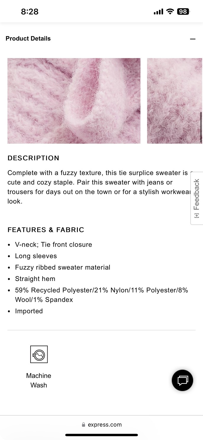 Express product detail page showing description and fabric details