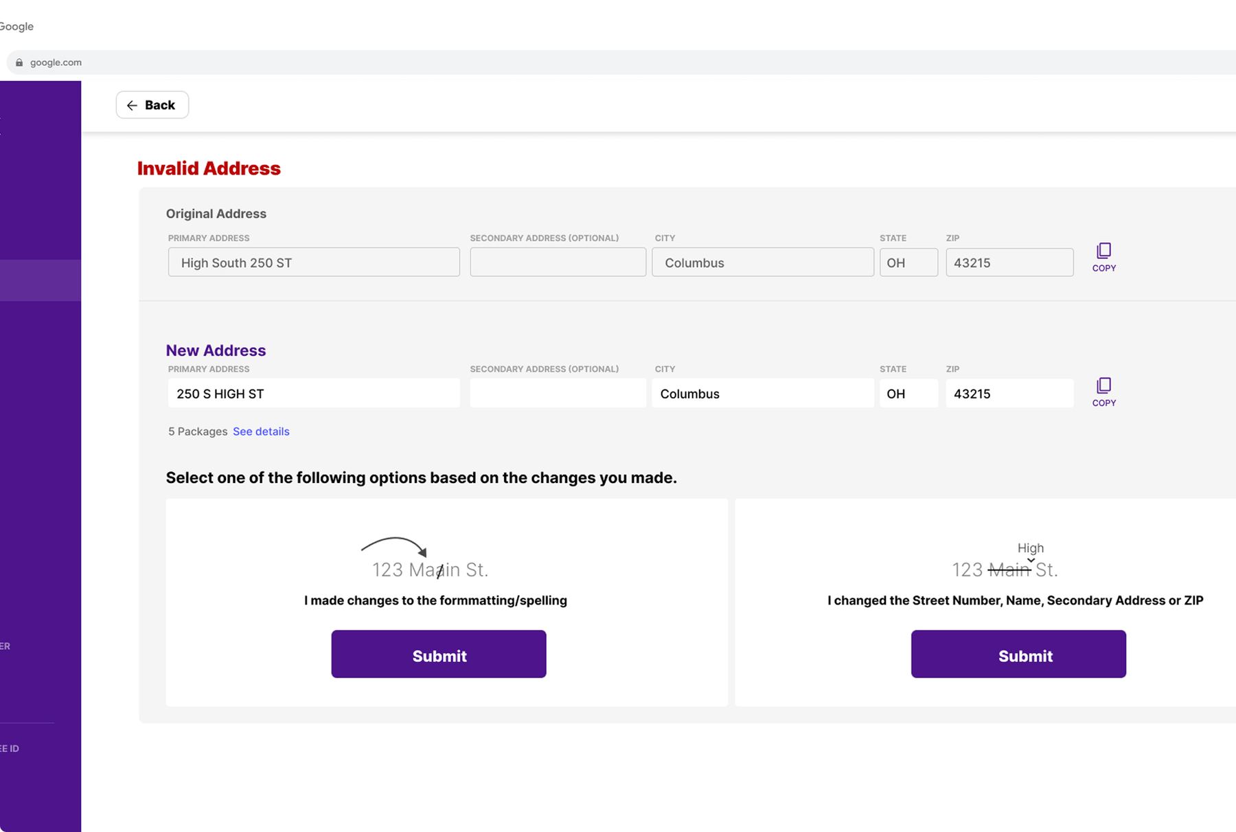 Wireframe/prototype version of the address editing screen