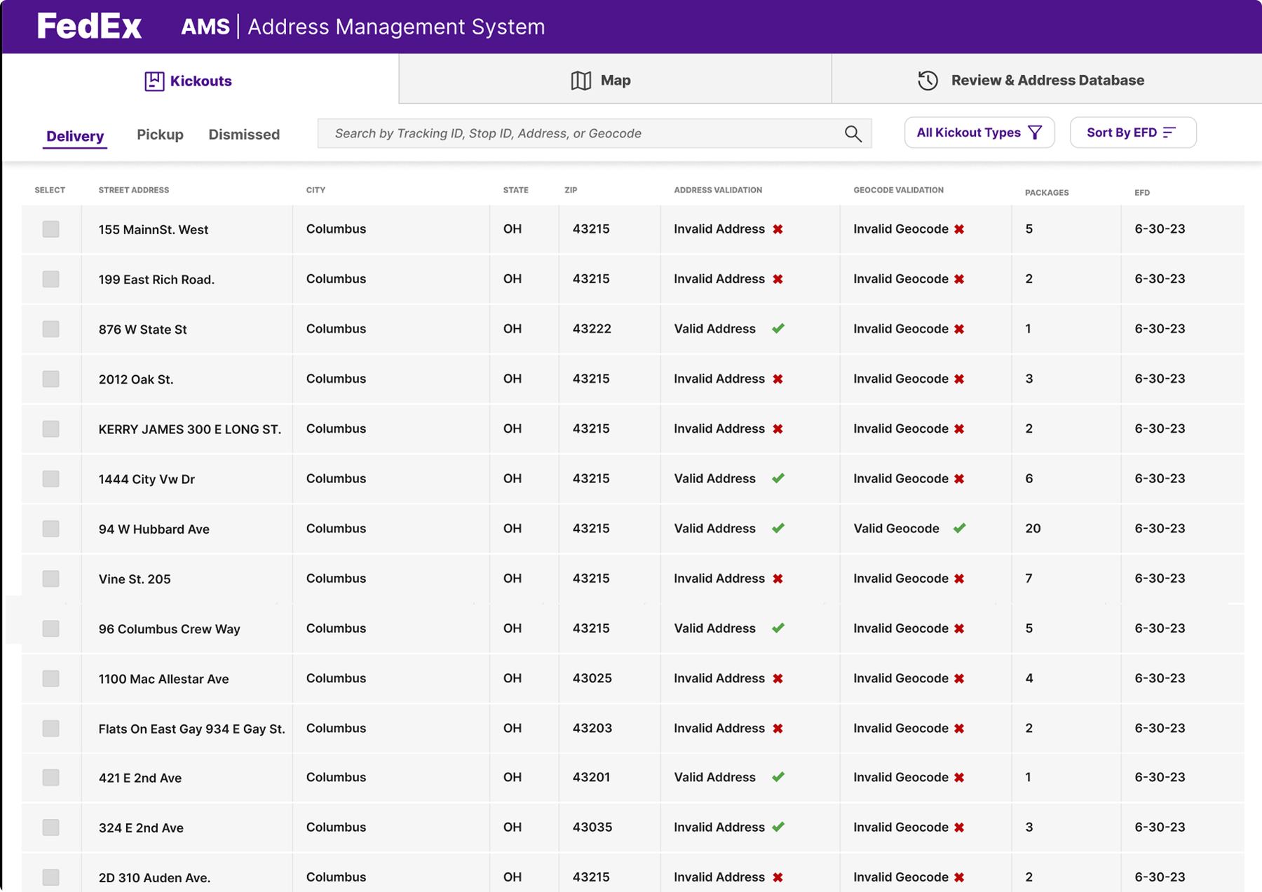 Prototype package list for selecting an undeliverable record