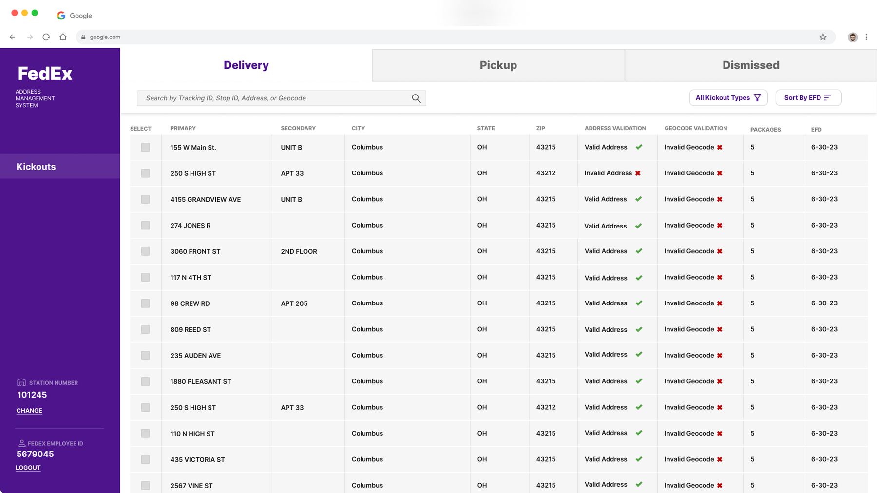 Wireframe/prototype version of the package list screen