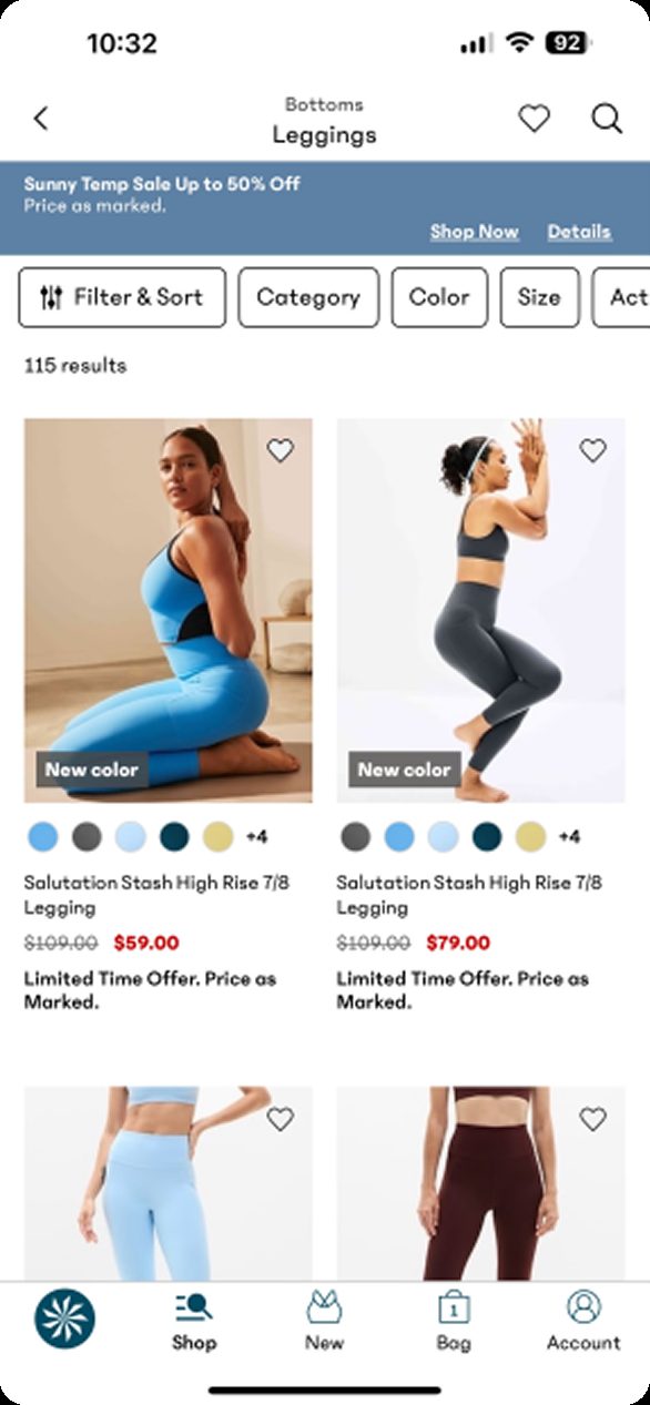 Athleta app leggings category page