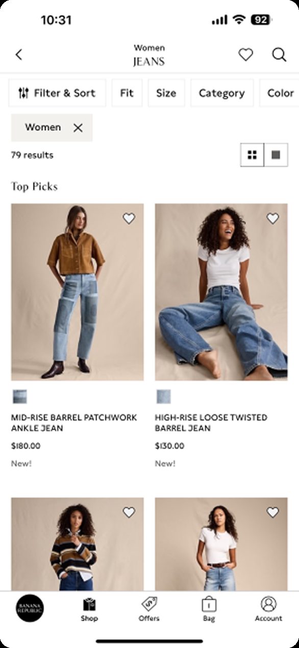 Banana Republic app jeans category page