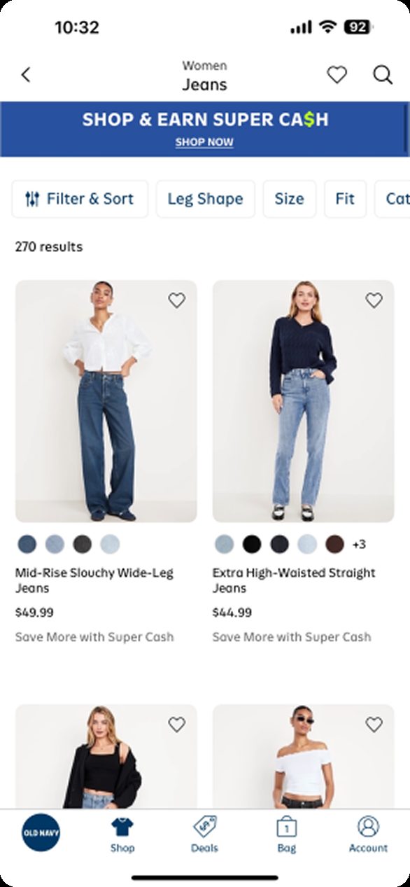 Old Navy app jeans category page
