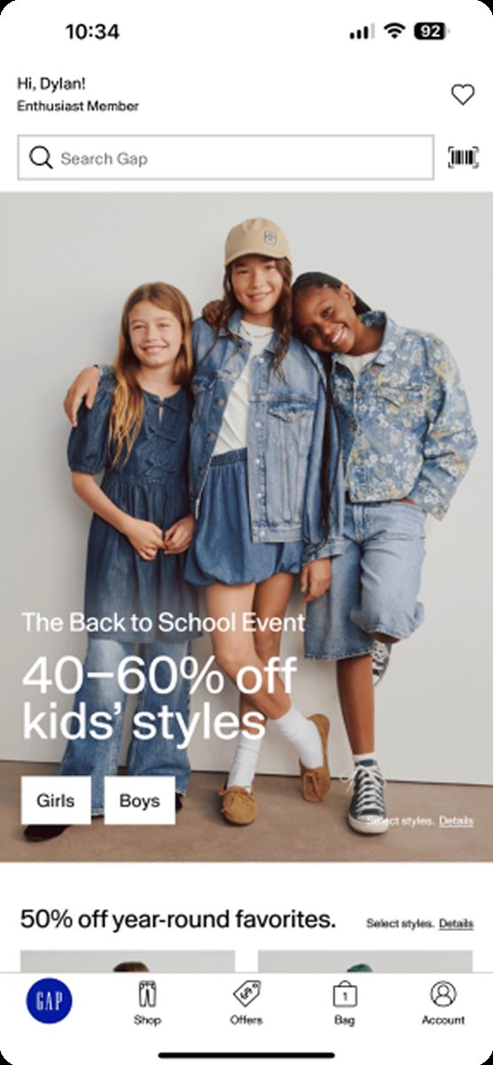 Gap app home screen with back to school promotion