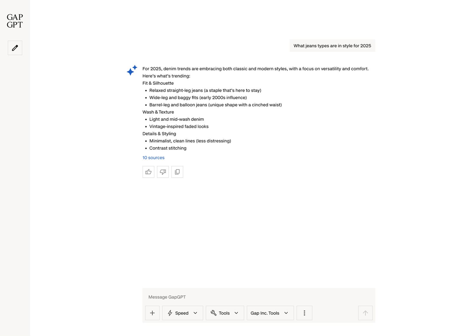 GapGPT response to a 2025 denim trend question, with a sourced bullet list and rating actions