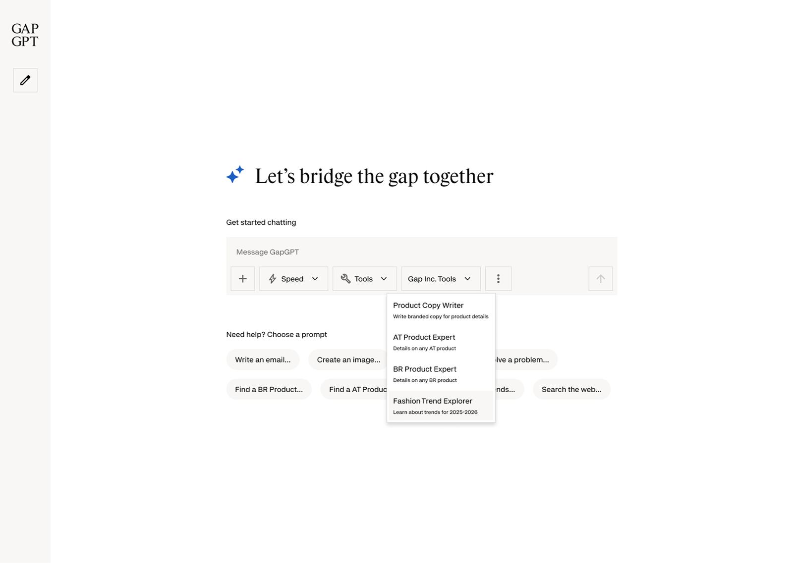 GapGPT Tools menu open, listing Product Copy Writer, AT Product Expert, BR Product Expert, and Fashion Trend Explorer