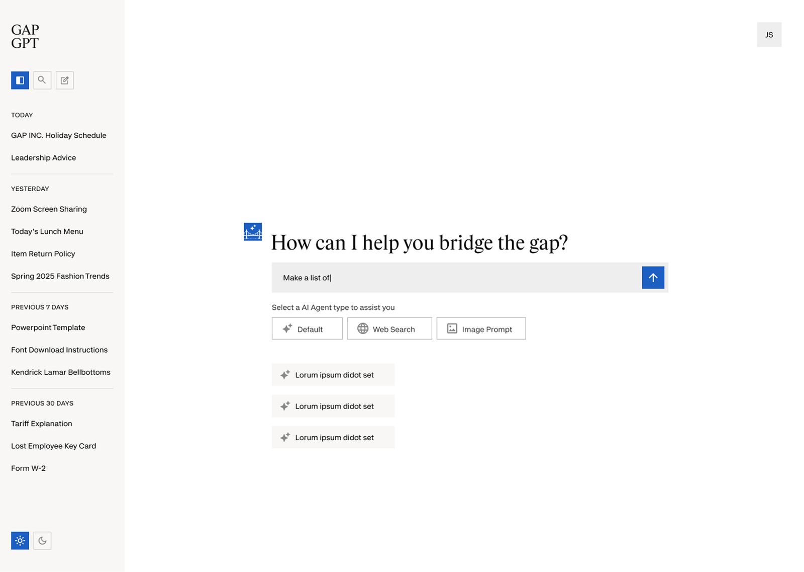 Early exploration with a fuller session sidebar and an explicit AI agent type selector