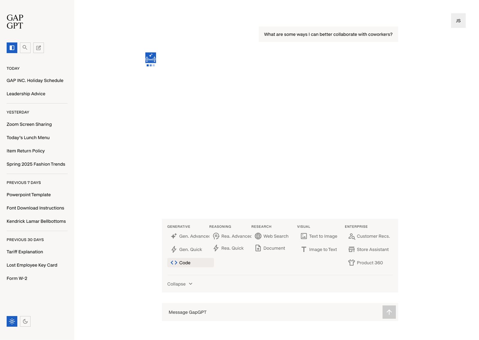 Early exploration with every tool and agent expanded into categorized panels