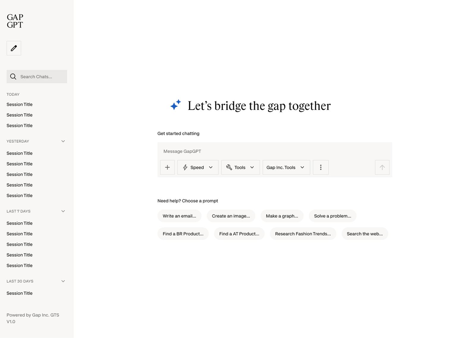 GapGPT full interface with a persistent session sidebar organized by recency