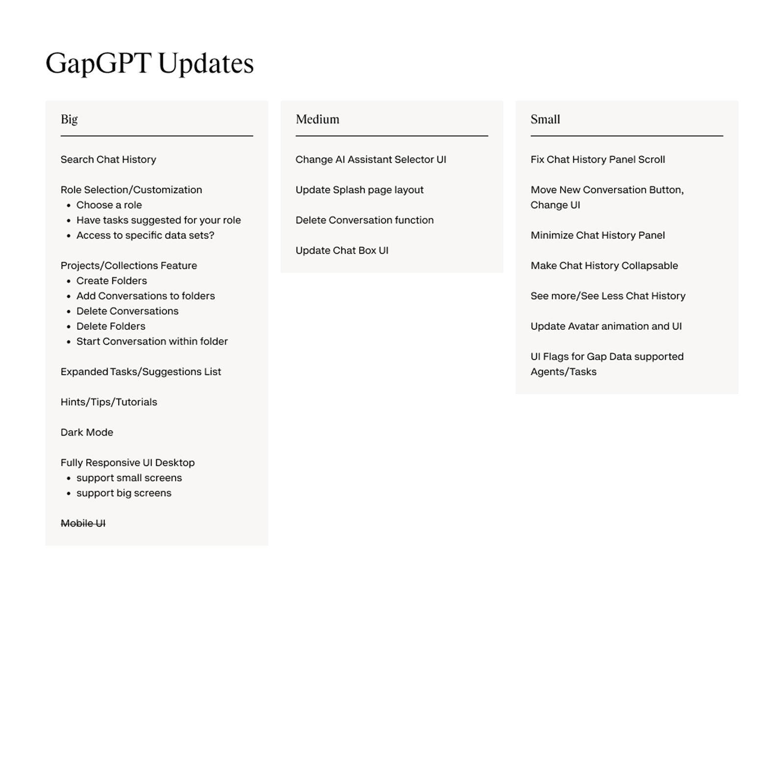 GapGPT updates backlog sorted into Big, Medium, and Small effort columns